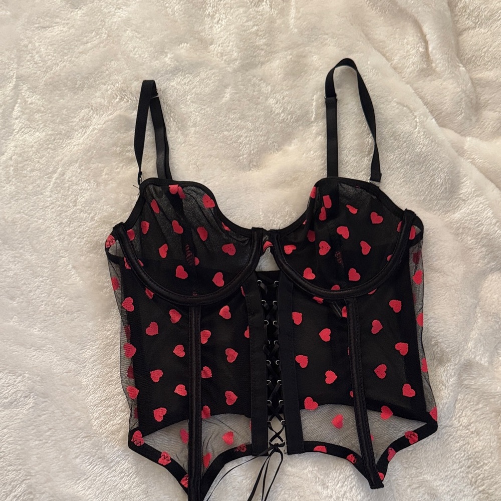 Black Sheer Corset with Red Heart Pattern